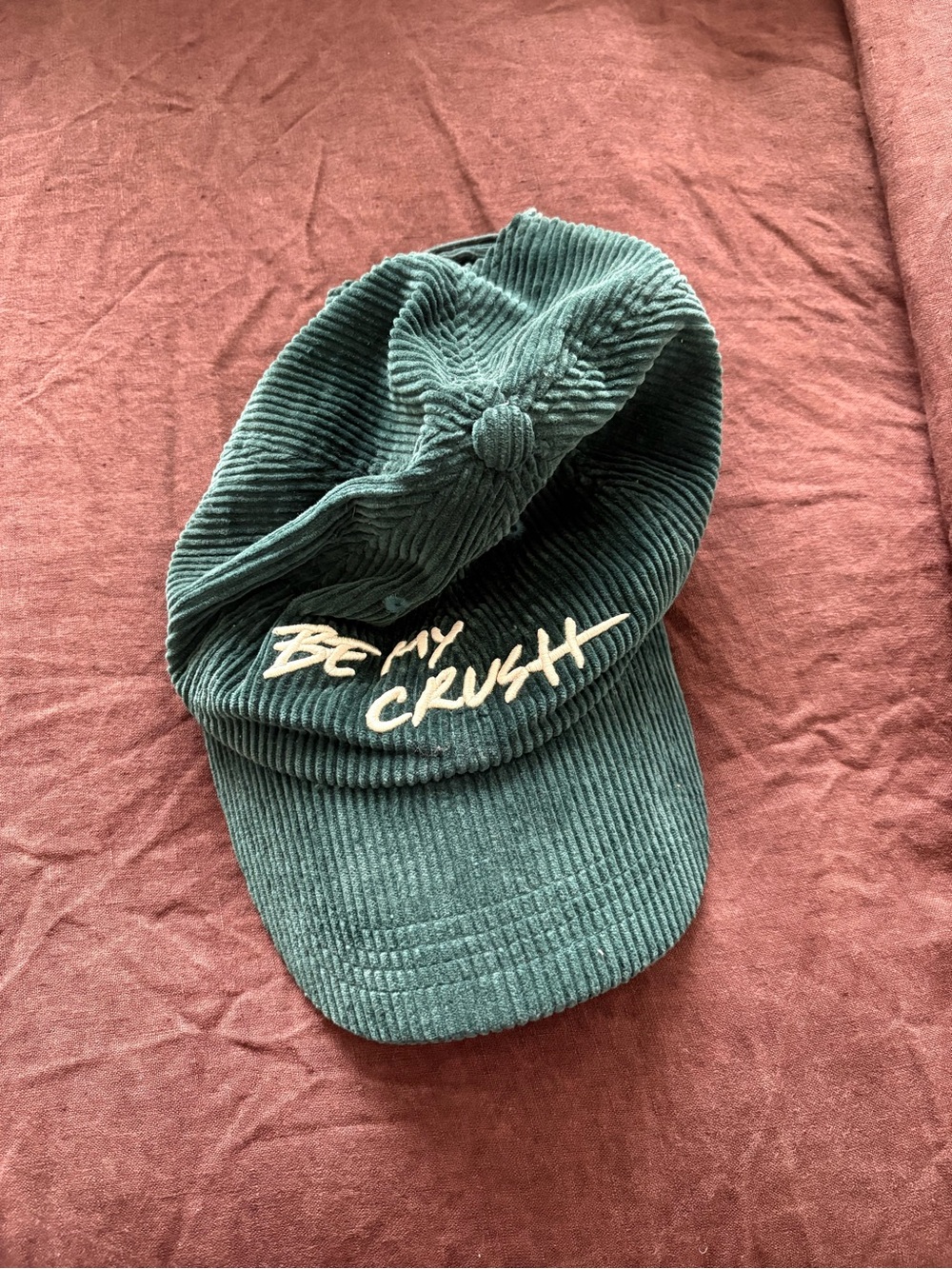 ba&sh Ribbed Corduroy Cap with 'Be My Crush' Embroidery - Teal Green